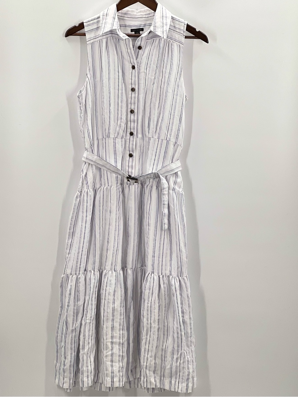 325 Ann Taylor White Dress with Blue Pinstripes and Waist Tie